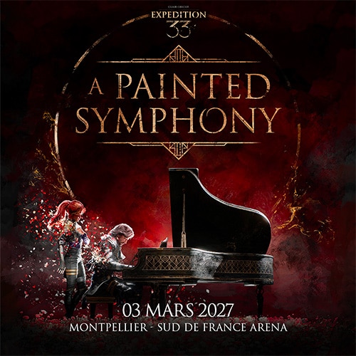 Affiche de Clair Obscur: Expedition 33 – A Painted Symphony sur fond sombre rouge et noir, avec un piano à queue et deux personnages devant celui-ci. Le visuel indique « 03 mars 2027 – Montpellier – Sud de France Arena ».
